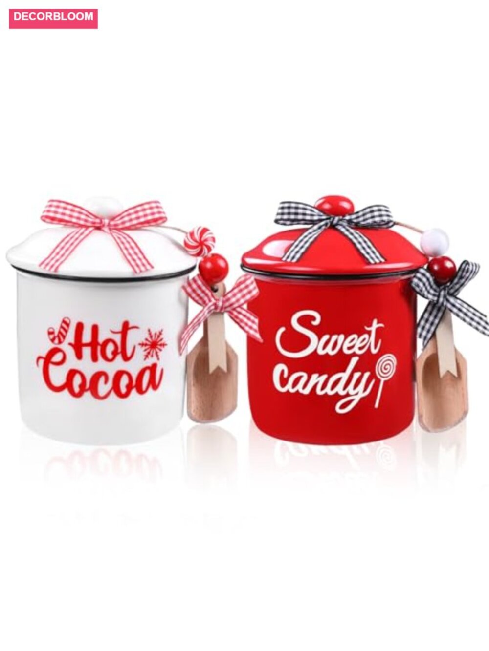 Ceramic Christmas Canister Set of 2 Mini Candy Jars with Lids and Spoons